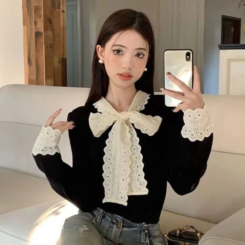 

Temperament Lace Patchwork Youth Tops Spring Autumn New Long Sleeve Contrast Lacing Korean T Shirts Fashion Sweet Women Clothing