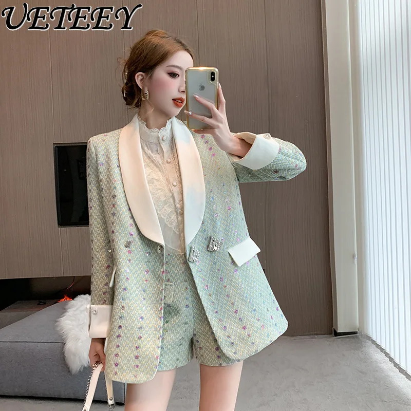 

Graceful Long Sleeve Slim Fit Blazer Women's Autumn Socialite Temperament High-Grade Exquisite Coat and Shorts Two Piece Set