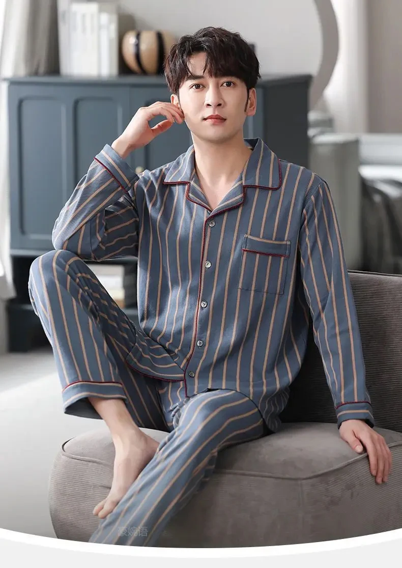 Frühling Herren Herbst und Winter langärmelige lange Hosen mittleren Alters dünner Abschnitt von Pyjamas Nachtwäsche Homewear Anzug Loungewear – Detail 1
