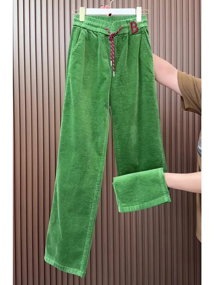 Zimowe sztruksowe spodnie z szerokimi nogawkami damskie nowe luźne sznurowane proste spodnie dresowe modne Y2k wielokolorowe spodnie z wysokim stanem plus size