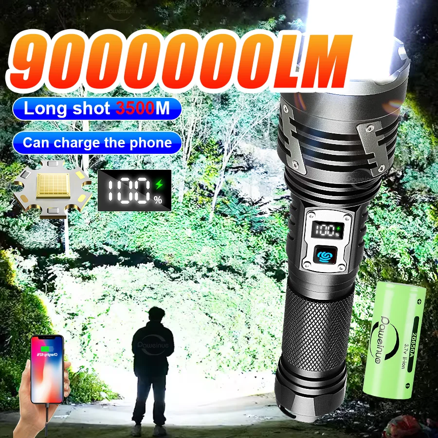 Nueva linterna LED ultrabrillante de 9000000LM, linterna táctica recargable de 3500M, lámpara portátil impermeable, luces exteriores para acampar