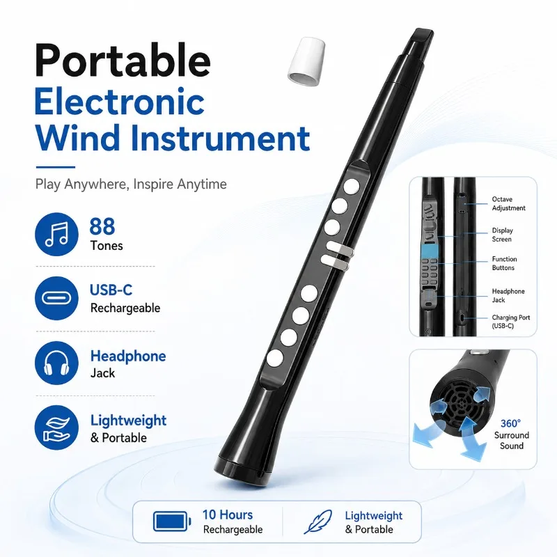 Portable Rechargeable Digital Wind Instrument, 88 Tones Electronic Blowpipe for Beginner & Player