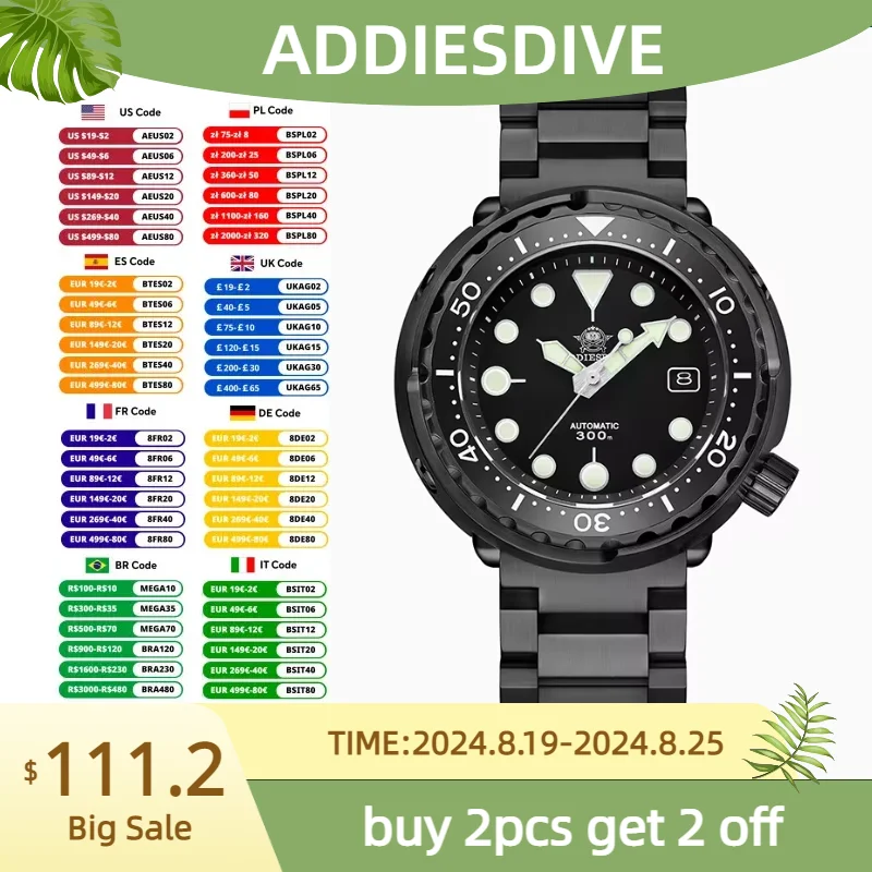 

ADDIESDIVE Men's Watch Sapphire Glass 300m Diving C3 Super Luminous Calendar Window Wristwatch NH35 Automatic Mechanical Watches