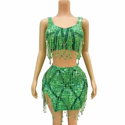 Sexy Flashing Purple Green Rhinestones Crystals Chains Outfit Top Skirt Set Women Singer Birthday Celebrate Performance Costume
