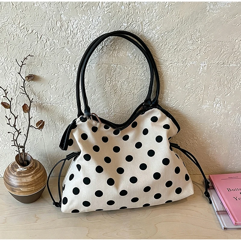Koreanische Schultertasche aus Baumwoll-Leinen mit Polka Dots, Damen-Patchwork-Tragetasche mit großem Fassungsvermögen, vielseitige Freizeit-Handtasche für den Arbeitsweg – Detail 12