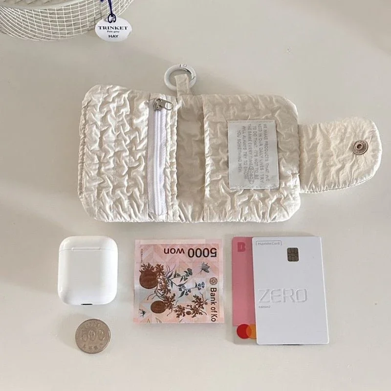 Ins Cute and Niche Pleated Coin Purse for Women Retro Fabric Storage ForCoins ID Cards Multi-layer Card Cases and Earphone Cases