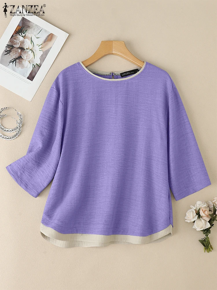 

Летние блузки ZANZEA 2021. Женская элегантная рабочая рубашка OL. Повседневная блузка с круглым вырезом и рукавами 3/4. Лоскутная туника. Топы. Женская сорочка Mujer.