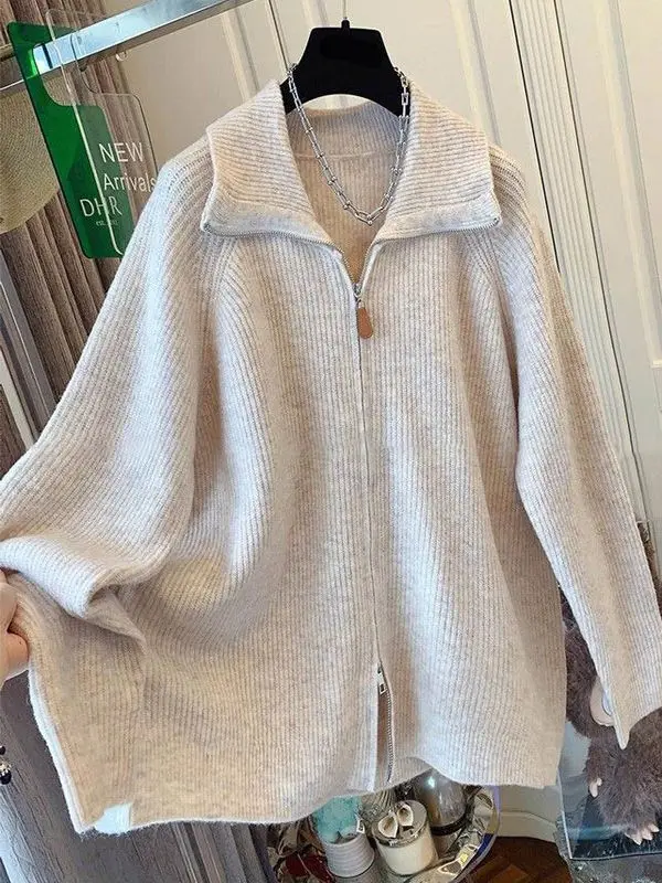 

Вязаный свитер больших размеров с воротником на молнии, американский свободный крой, женский кардиган, пальто, осень-зима, мягкий полиэстер