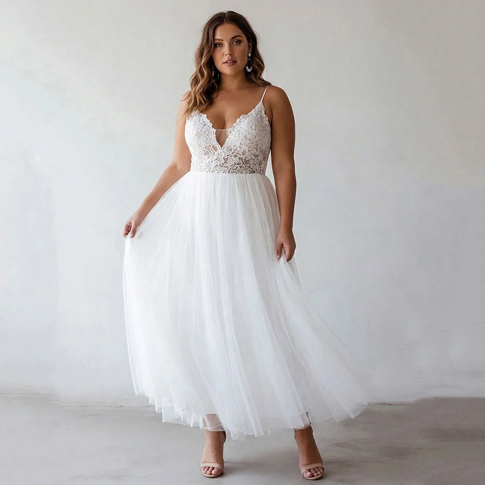 Customized Plus Size Wedding Dress Lace Tulle A Line Bridal Dress Spaghetti Strap Deep V Neck Tea Length Bridal Dresses