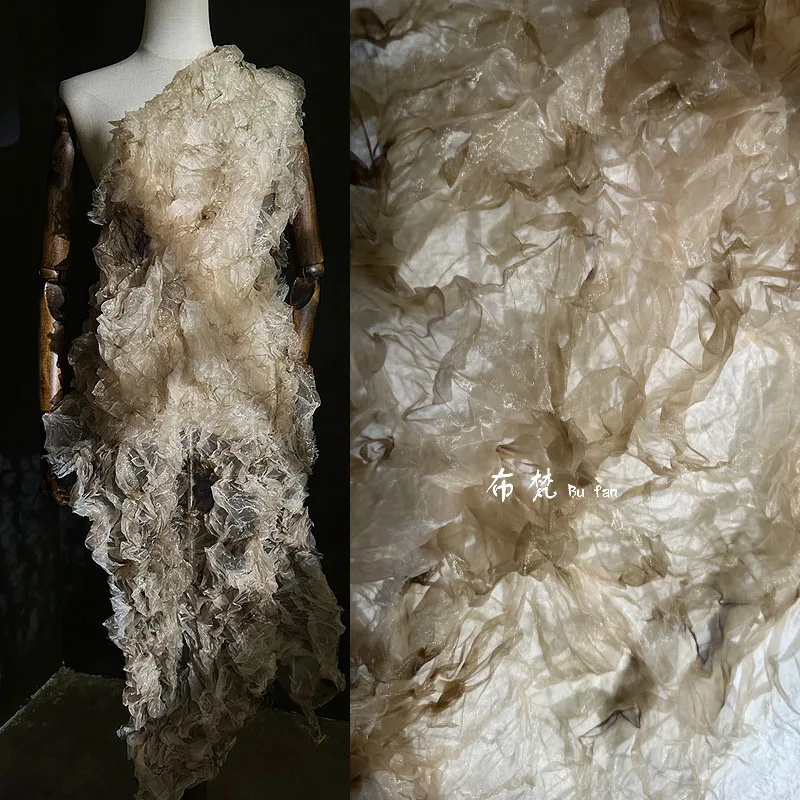 

Brown Mottled Three-dimensional Texture Pleated Organza Plant Dyed Printing Fabric, Skirt Clothing Designer Fabric