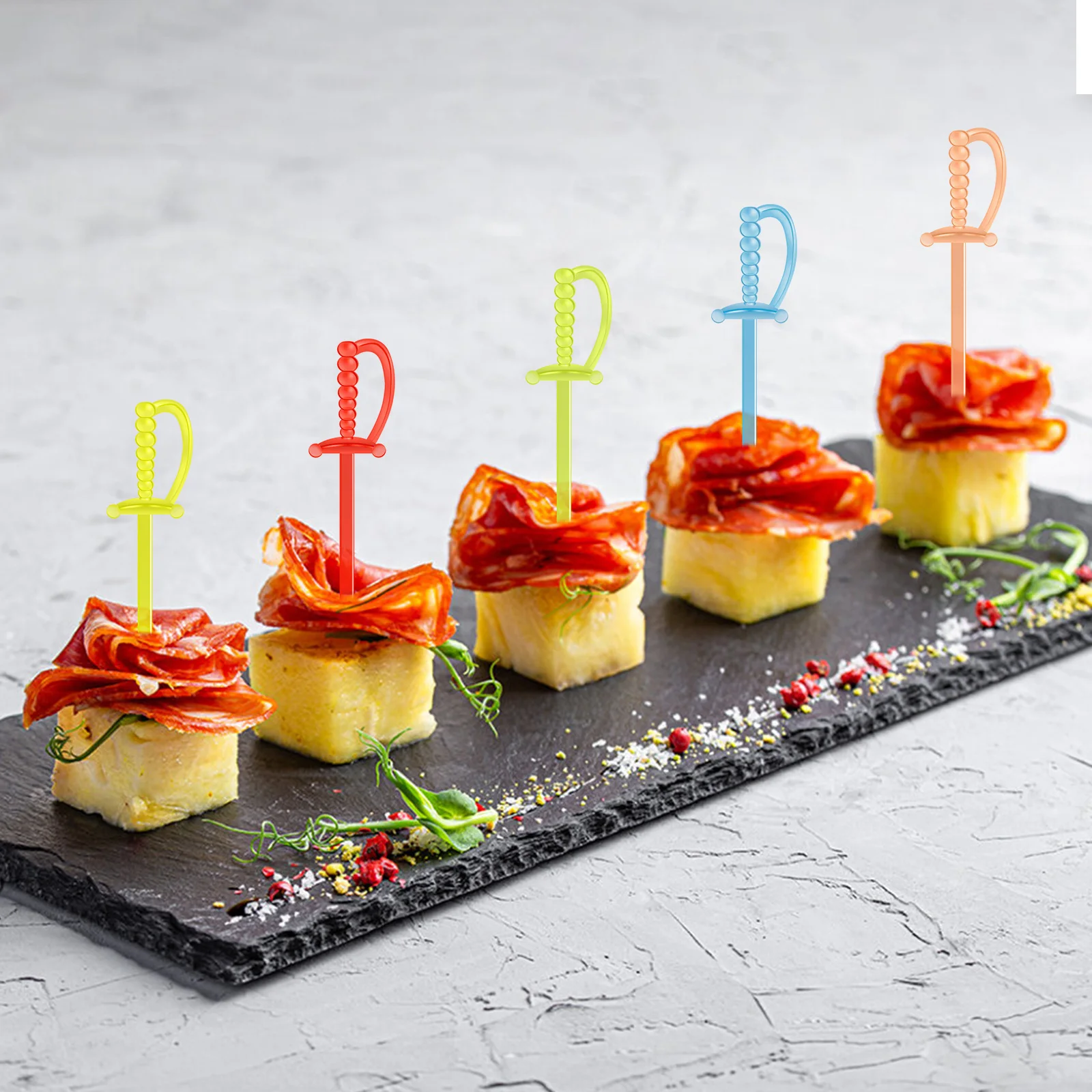 

1200 Pcs Plastic Sword Shaped Cocktail Pick Practical Smooth Fruit Pick Colorful Creative Fruit Skewer for Home Party Restaurant