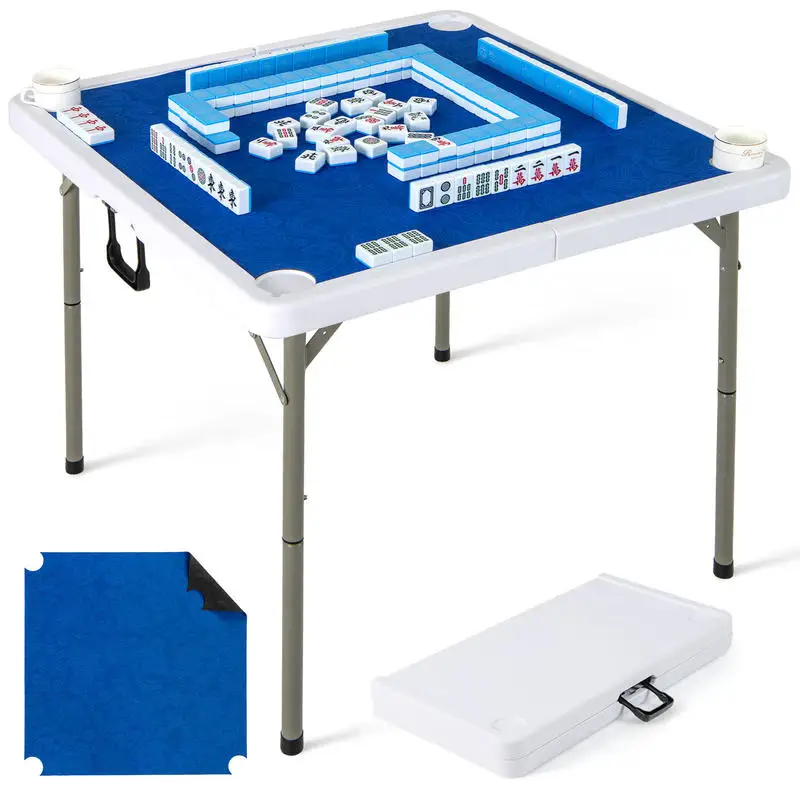 

35 Inch 4 Player Game Card Folding Mahjong Table with Cup Holders-Navy