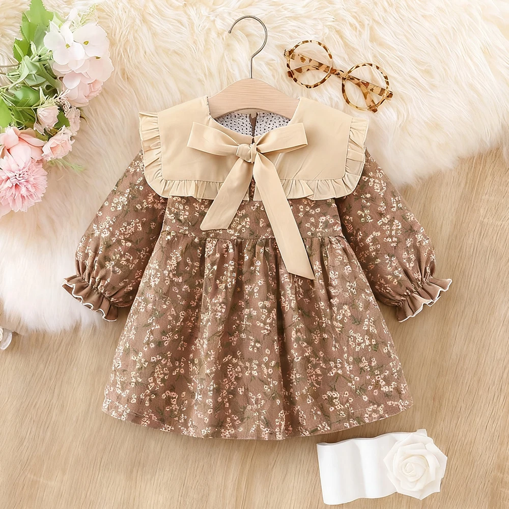 

Платья для маленьких девочек, весенне-осенние хлопковые платья с цветочным принтом и длинными рукавами для девочек, очаровательные детские платья с воротником, одежда для маленьких девочек