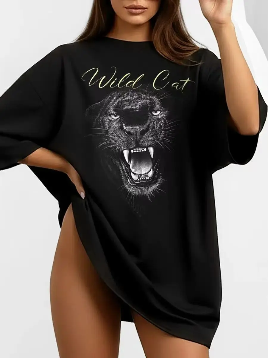 Tiger Head Pattern Print Hip Hop Black Cartoon American Retro T Shirt Women and Men Short Sleeve O-neck Streetwear Cotton Tees