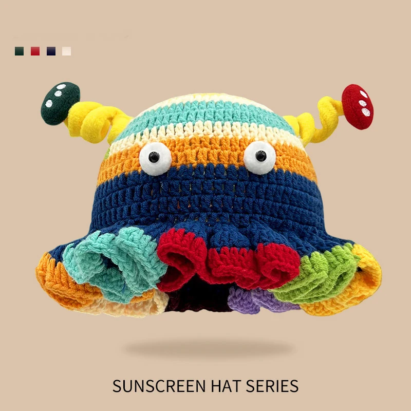 

Trend Autumn Winter Cute Quirky Cartoon Wave Edge Dopamine Color Blocked Knitted Ruffled Fisherman Hat Party Decorat Adult Hats