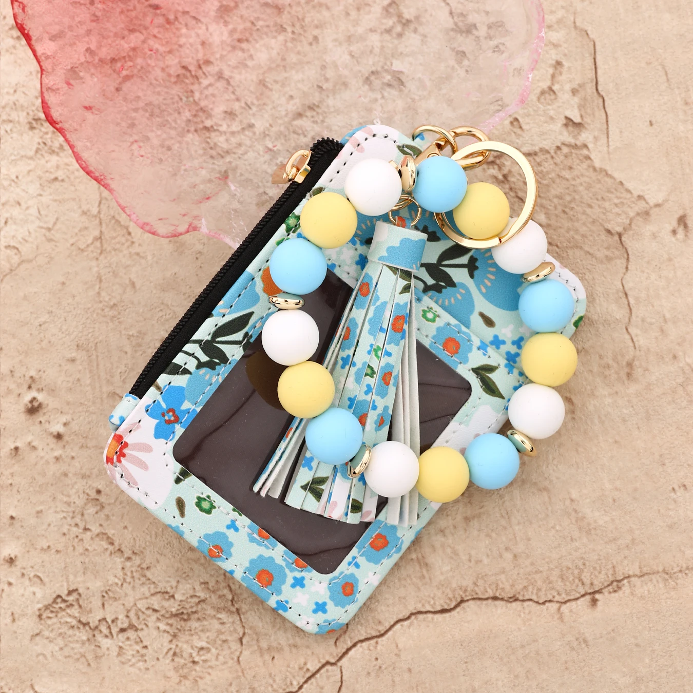 2025 سيليكون حبة سوار جلد حافظة للبطاقات السوار المفاتيح سيليكون سوار محفظة الإسورة فلوريت مطبوعة مجزأة حقيبة الهوية #6