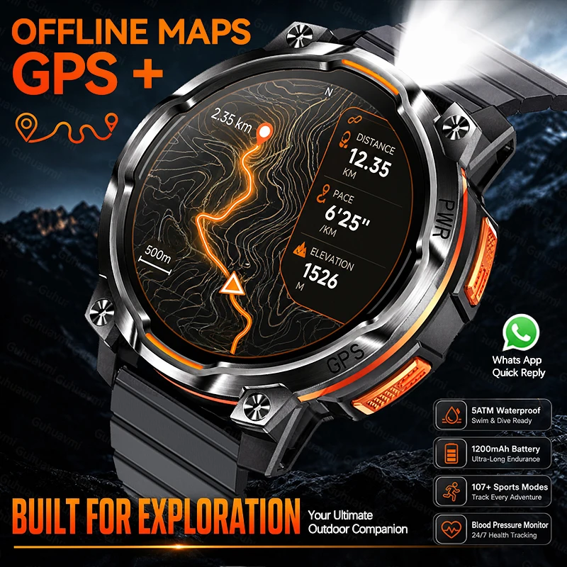 2026 New Technologies GPS+Offline Maps Smart Watch Flashlight Waterproof 1200mAh Battery Professional Sports Smart Watches Man