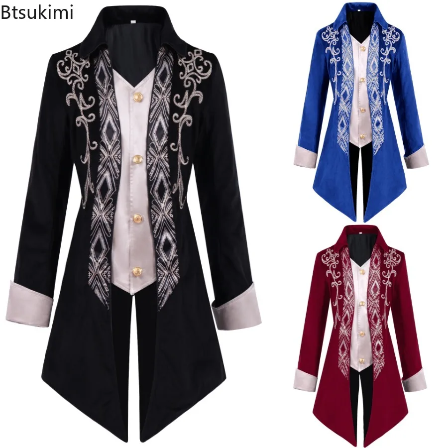 

2025 Средневековая готическая вышитая викторианская куртка, костюм эпохи Возрождения для мужчин, винтажный фрак в стиле стимпанк, средневековый сюртук