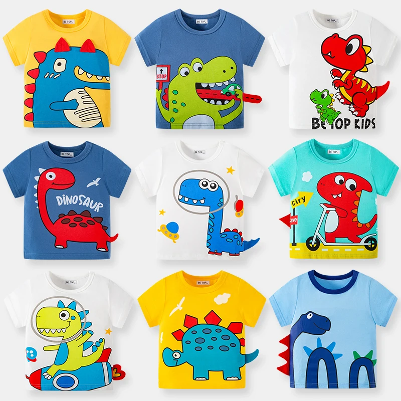 Camiseta de verano para niños Betop, camiseta de algodón de manga corta con cuello redondo y dibujos de dinosaurios, camiseta...