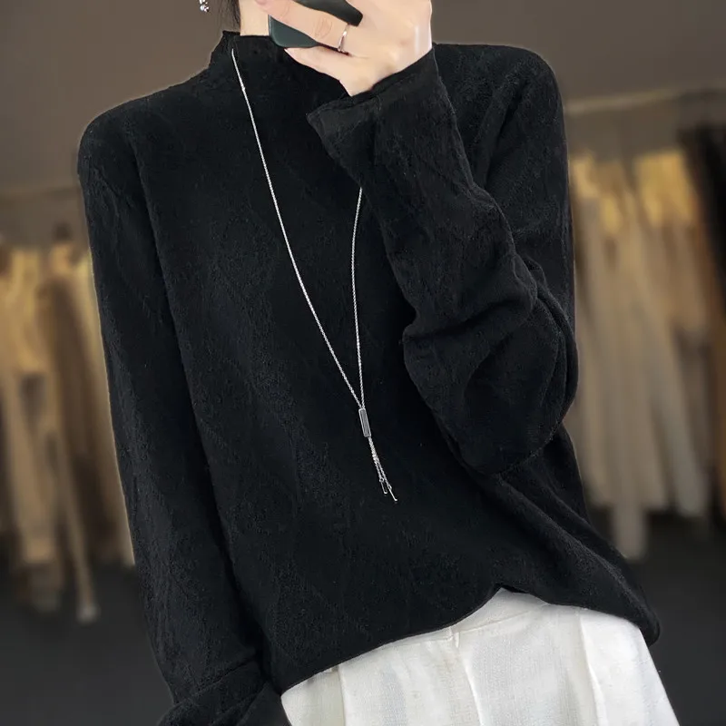 Cashmere sweater Women  2023 Autumn and Winter fashion Lace Half turtleneck Cashmere sweater Women