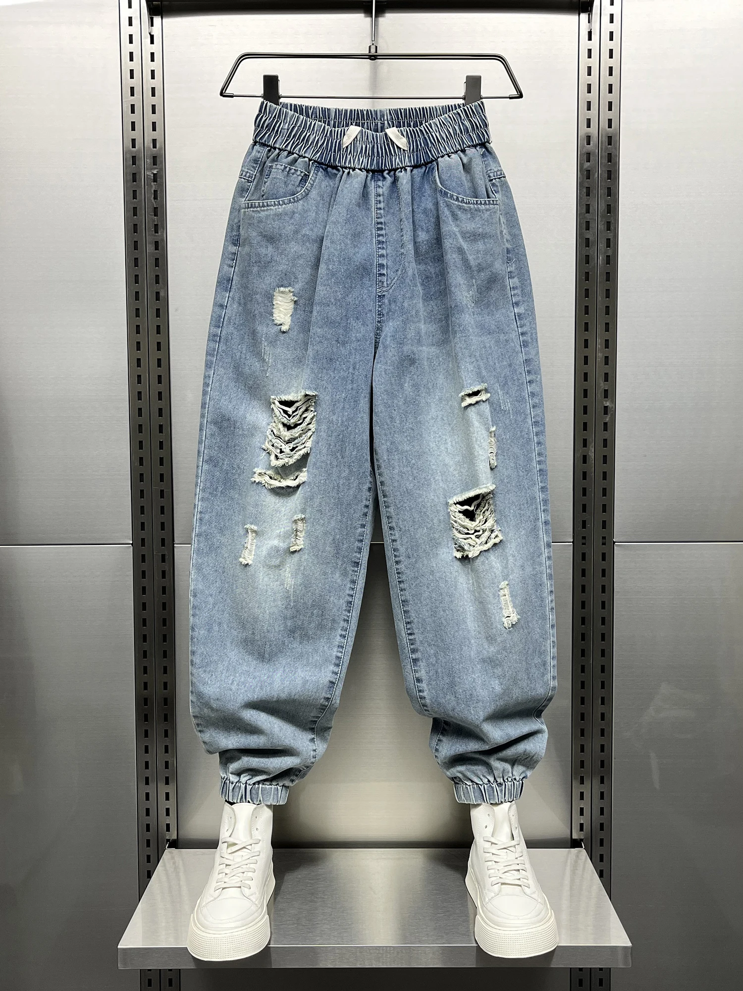 

Легкие джинсы для мужчин, летние, синие, с эластичным поясом, с манжетами, брюки-харлан, молодежная мода, износостойкий тонкий деним