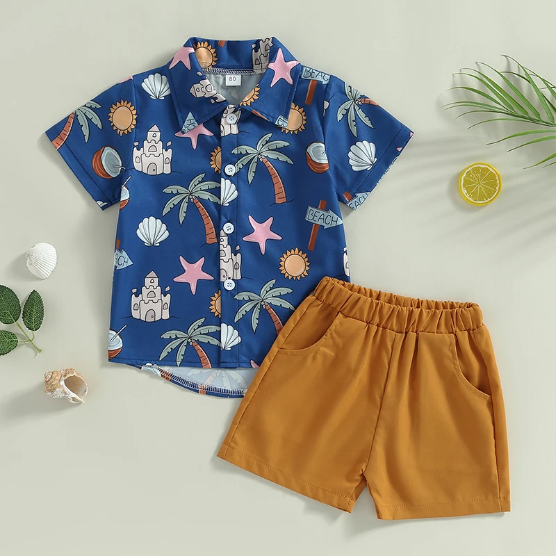 Toddler Baby Boy Summer Clothes Hawaiian Beach Outfit Short Sleeve Pineapple/Coconut Print Button Down Shirt + Shorts Casual Set