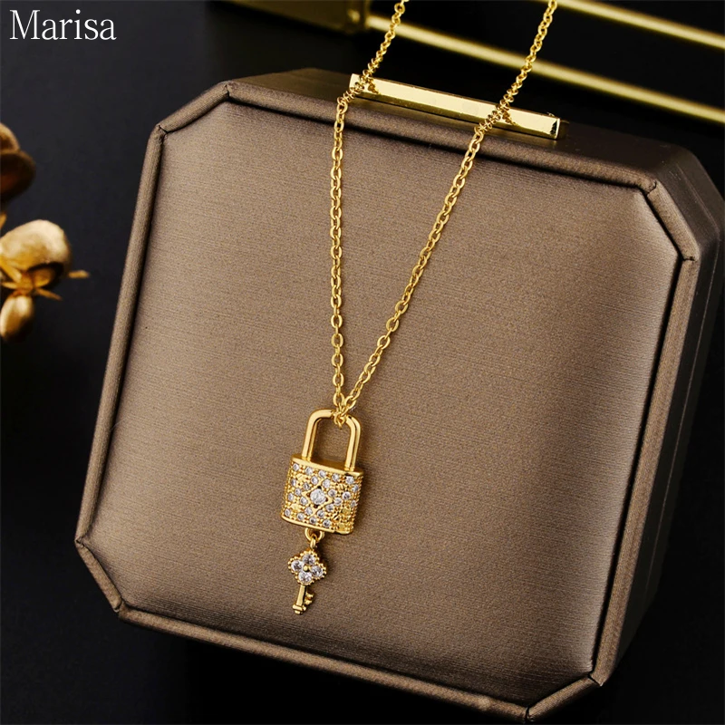 New In Light Luxury Zircon Crystal Tassels Key Lock Pendant Stainless Steel Necklaces For Women Trendy Female Clavicle Chain