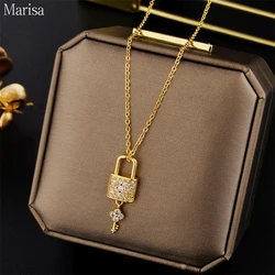 New In Light Luxury Zircon Crystal Tassels Key Lock Pendant Stainless Steel Necklaces For Women Trendy Female Clavicle Chain
