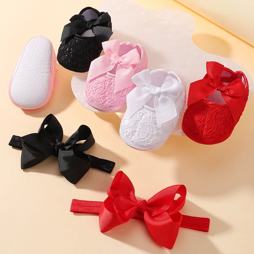 0-1Y Baby Girl Flat Shoes Headband Set Soft Sole Non-slip Bow Embroidered Princess Wedding Walking Shoes Newborn Baby Gift