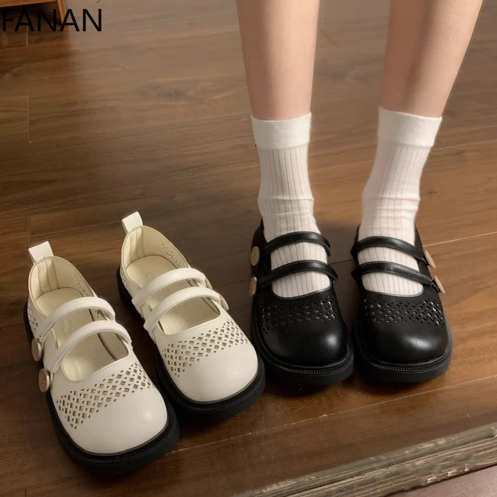 Mary Jane Shoes Retro Women Platform Sandals Hollow Flat Low Heel Shoes Summer 2025 New Original Casual Breathable Sandals