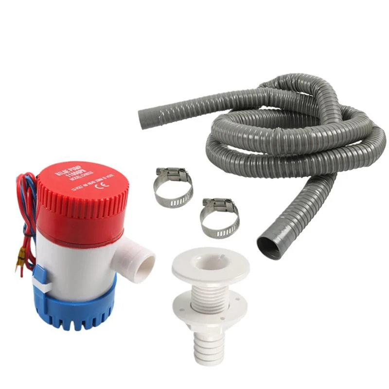 Bilge Pump Plumbing Kit Contains 12V Bilge Pump, Bilge Pump Hose, Thru-Hull Fitting, And 2 Stainless Steel Clamps