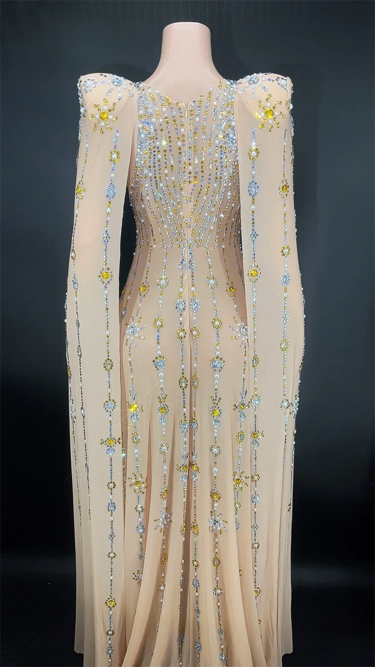 Luxury Sparkling Champagne Large Crystal Transparent Long Train Dress Set Birthday Celebration Dress Evening Wedding Dance Dress