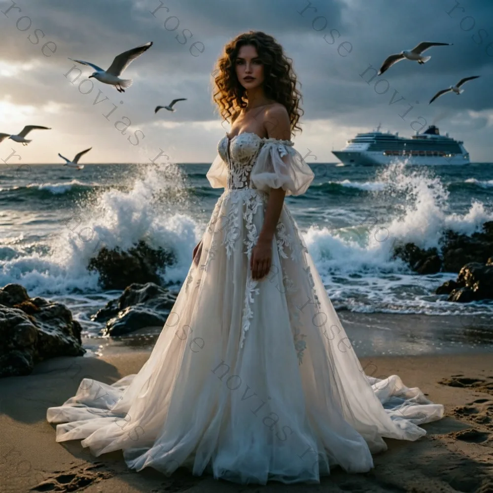 Customized Romantic Vintage Dreamy Elegant A Line Wedding Dress Off Shoulder Sweetheart Cathedral Puff Sleeve Lace Bridal Gown