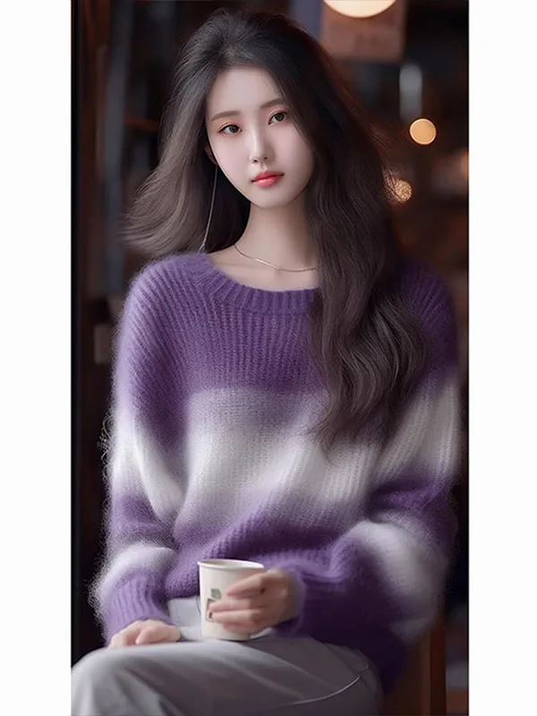 Korean Style Lazy High-End Soft Purple Gradient Cashmere Women's Knitted Sweater Overhead Loose Fit Long Sleeve Warmth Knitwear