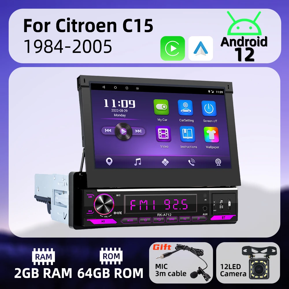 

7-дюймовый выдвижной экран 1 Din Android радио для Citroen C15 1984-2005 Carplay Android Авто Мультимедиа Стерео головное устройство GPS