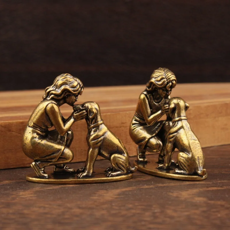 Antique Brass Lady with Dog Statue Vintage Metal Girl and Pet Figurine Ornament Small Art Craft Home Office Desktop Decoration
