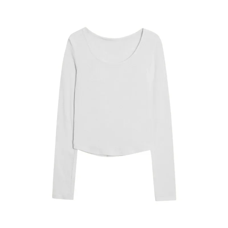 جديد 2025 المرأة طويلة الأكمام سليم صالح طاقم الرقبة تي شيرت الجولة الرقبة كبيرة U الرقبة قاعدة قميص الربيع موضة السعر المنخفض