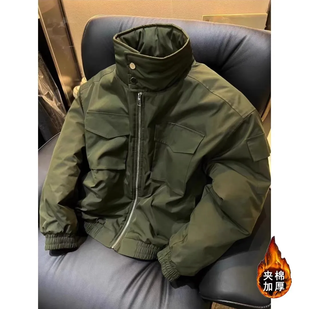 Autumn Winter Fashion Men Black Army Green Solid Color Stand Collar Zipper Simple Basic Casual Daily Parkas Male Coats Clothes
