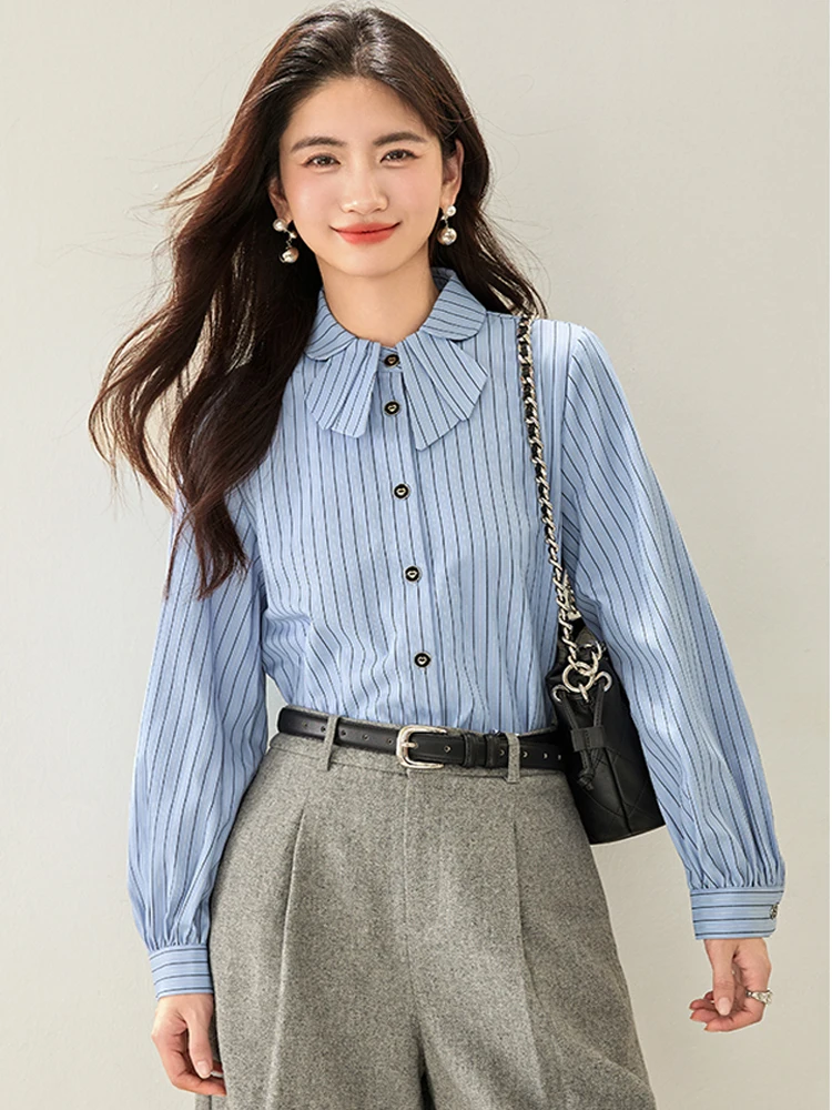 

Elegant Blue Striped Women Shirt Top Korean Fashion Female Clothing Long Sleeve Office OL Casual Loose Blouses