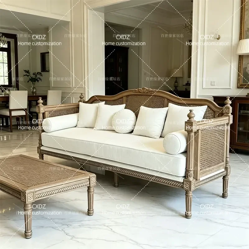Rural Antique Solid Wood Rattan Sofa Living Room Double Triple Seater for Model Room Villa Furniture