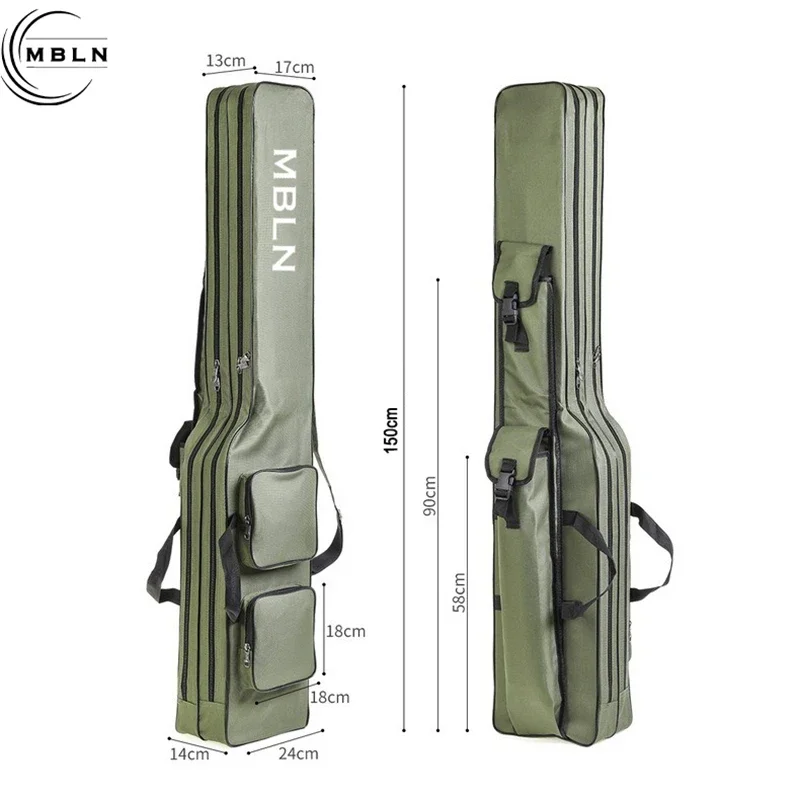 MBLN Brand,150cm/59in Foldable Fishing Rod Bag,Durable 600D Polyester,2-Layer Design with 4 Side Pockets, for Outdoor Fishing
