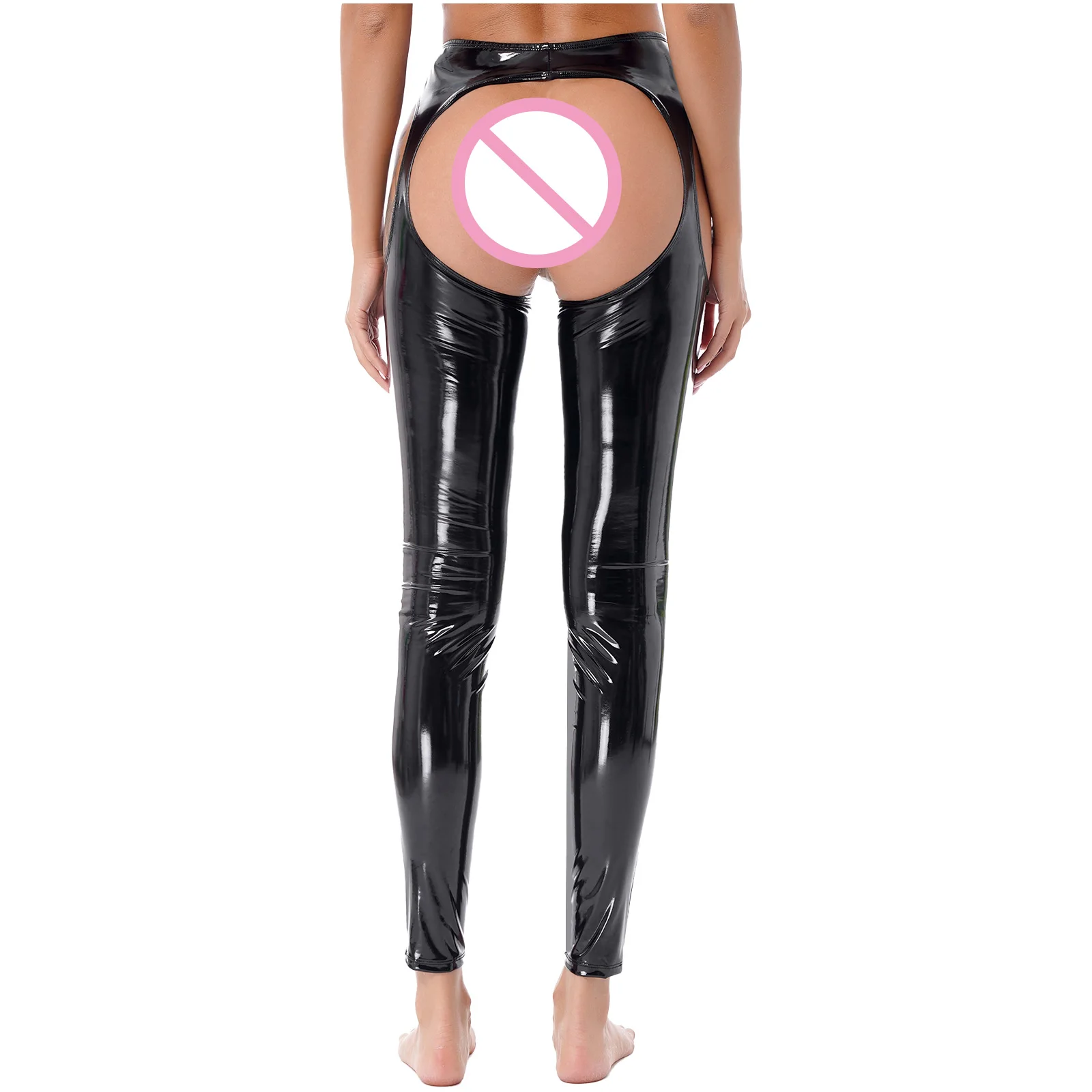 Womens Wet Look Cutout Leggings Open Crotch Pants Lingerie High Waist Crotchless Open Butt Patent Leather Skinny Pants Clubwear