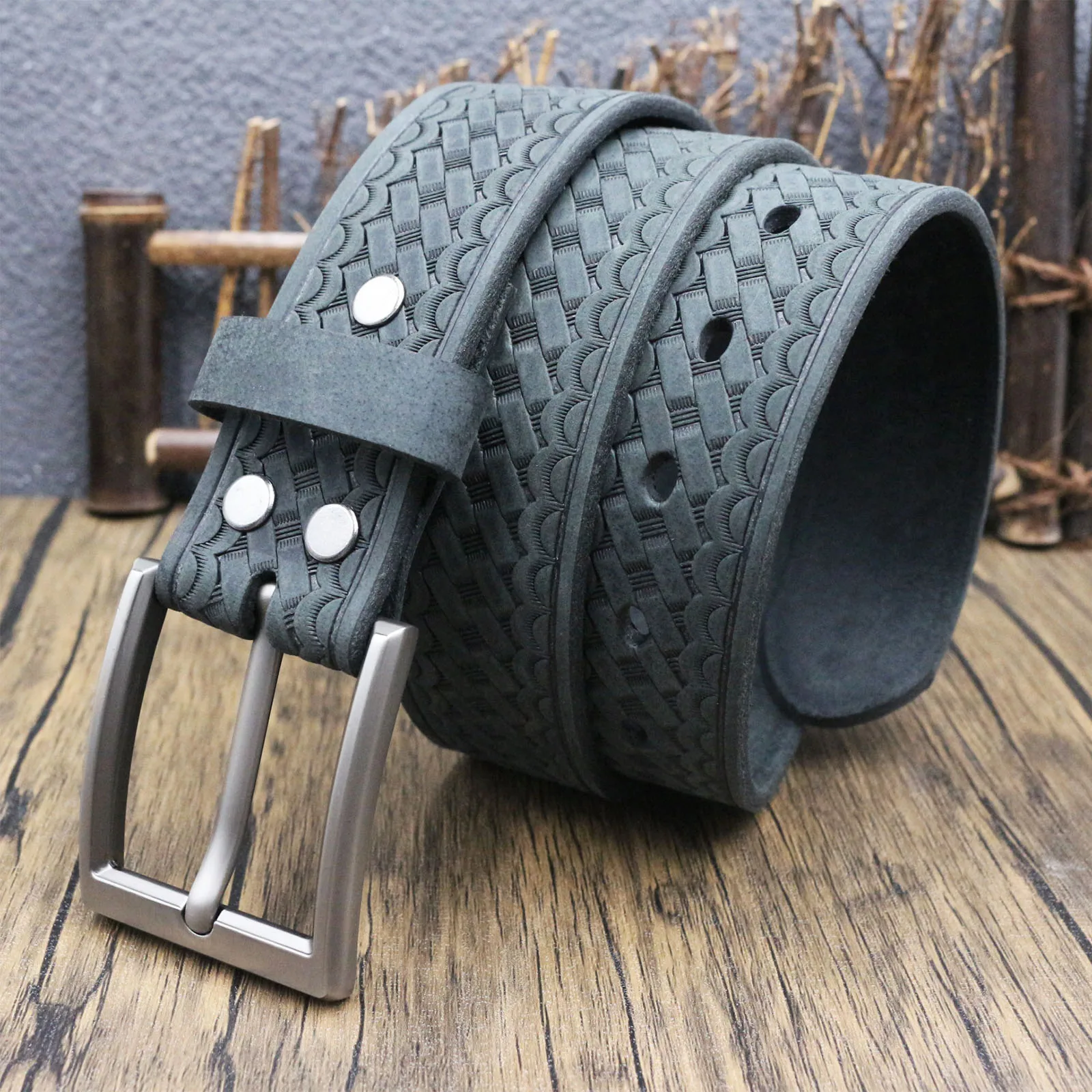 Men Full Grain Genuine Leather Belt Classic Croc Embossed Grain Vintage Pin Buckle Casual Daily Jeans Belt