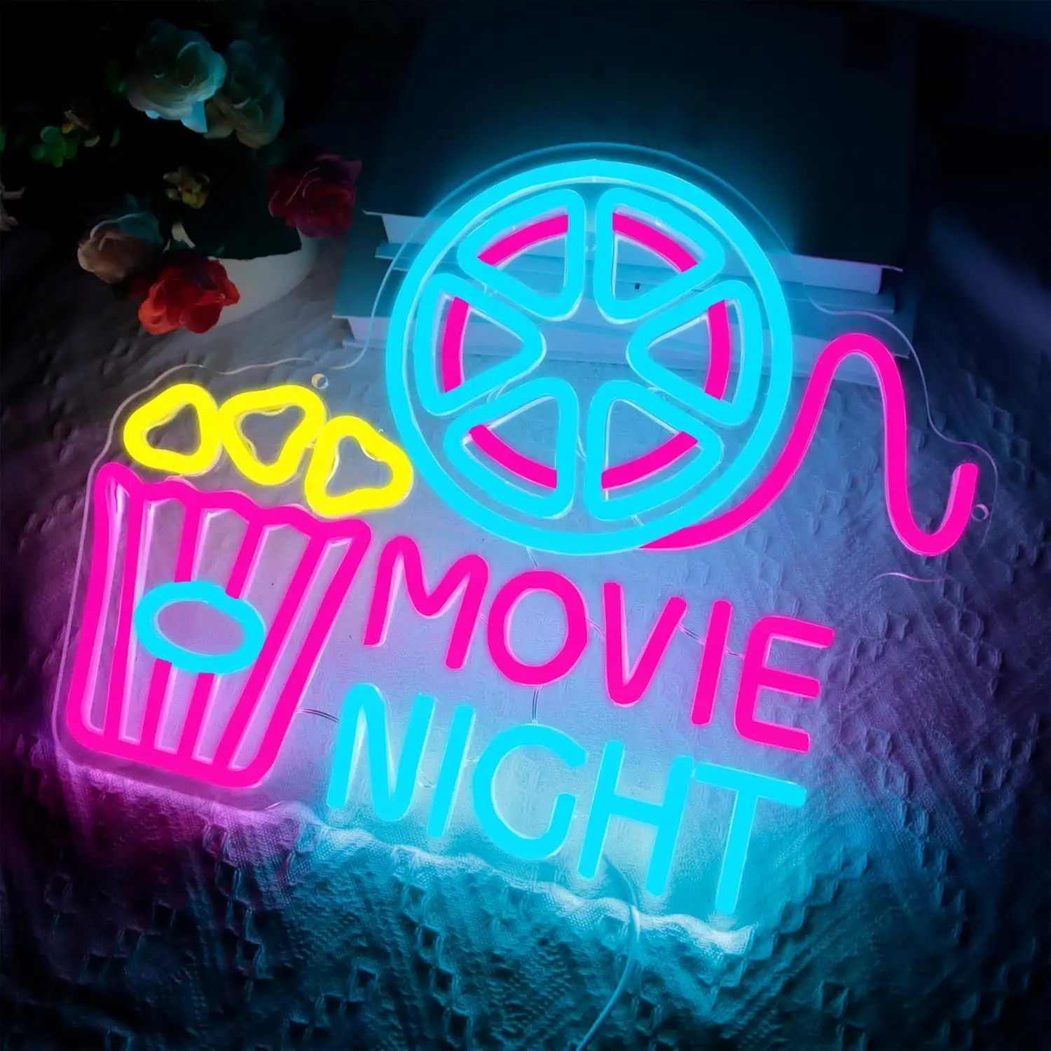 

Movie Night with Popcorn Paper Box Neon Sign Cinema LED Neon Light Wall Decor for Film Room Cinema Man Cave Party Birthday