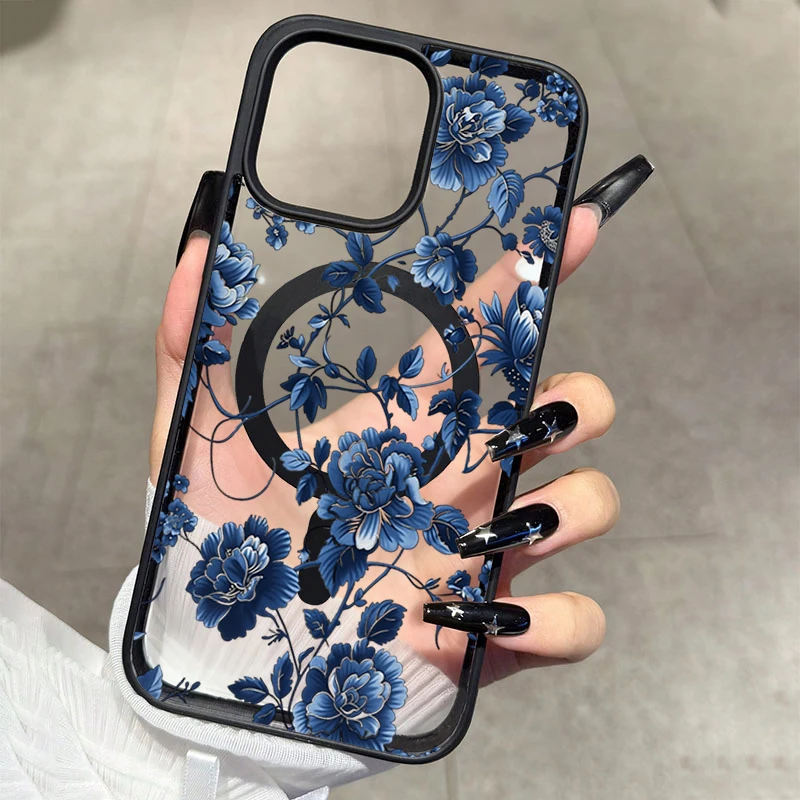Luxury Vintage Blue Floral Magnetic Phone Case for iPhone 17 16 15 Pro Max 14 Plus 13 12 11 16 Pro 16E 17E Air Shockproof Cover