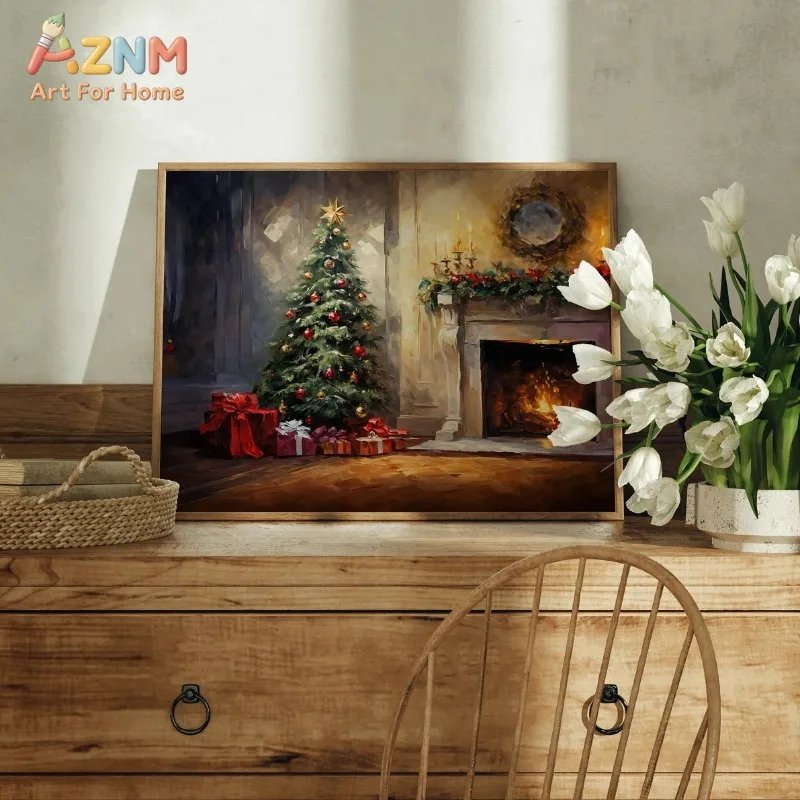 Vintage Painting Cozy Fireplace Christmas Tree Gift Canvas Poster Prints Frameless Wall Art Festive Winter Home Decorations