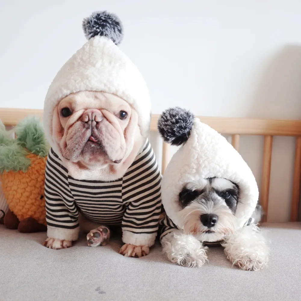 French Bulldog Cotton Hoodies Winter Warm Dog Clothes for Chihuahua Striped Coat for Small Dogs Pet Puppy Hooded Jacket