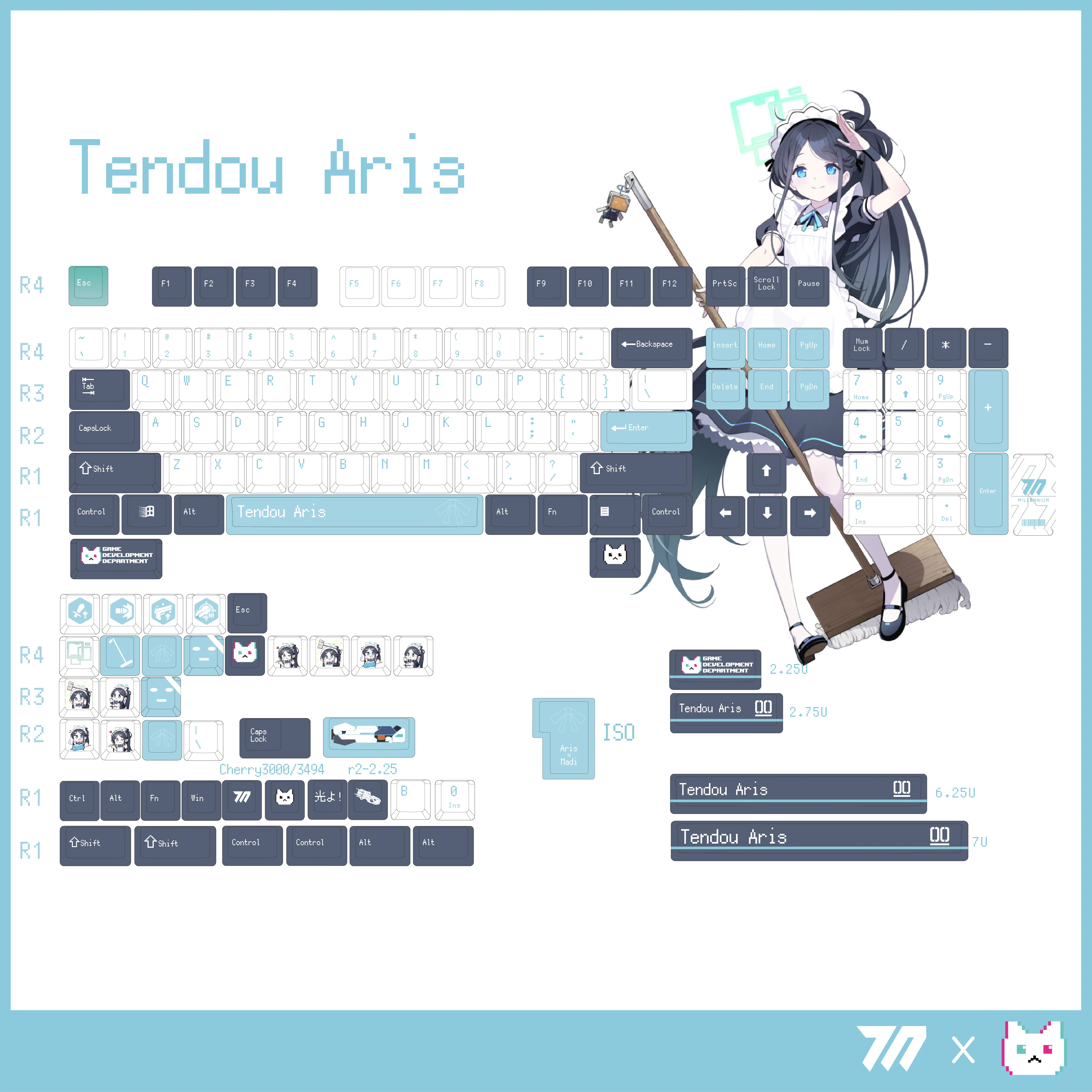 140 kunci/Set arsip biru Tendou PBT topi kunci game Anime kecantikan perempuan topi kunci tinggi ceri untuk keyboard mekanis DIY