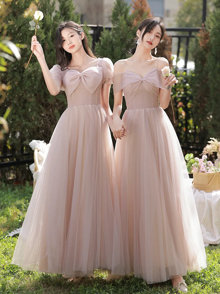 Elegante vestido de dama de honra feminino, doce laço, rosa, fino, longo, vestidos de noite, glamoroso, casamento, grupo irmãs, linha A, vestido de tule