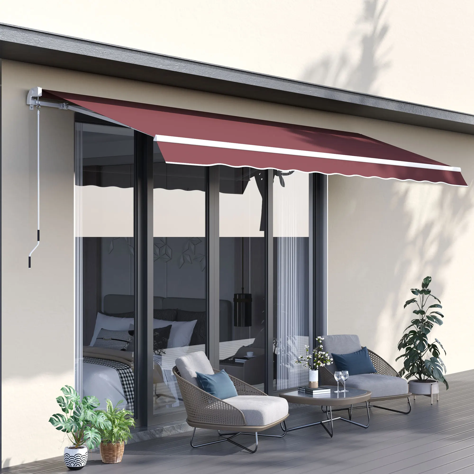 Outsunny Toldo Manual Retráctil Outsunny Aluminio, Poliéster Rojo Vino 350x250x148 cm
